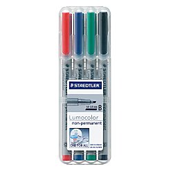 STAEDTLER Lumocolor Non-Permanent 312 WP4 - Rotulador no Permanente Punta biselada (B) de 1,0-2,5 mm Aprox. Estuche Exclusivo Box con 4 rotuladores en Colores Negro, Azul, Rojo y Verde