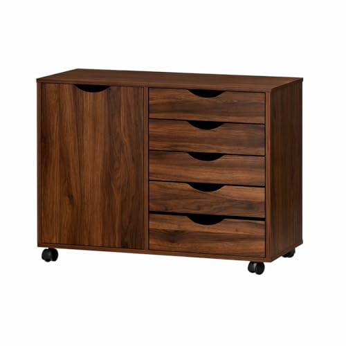 Image of Naomi Home Rolling Storage Cabinet with 5 Drawers & Side Cabinet, Engineered Wood Organizer with Shelves, Handle-Free Design & Swivel Casters for Home Office, Kids Room & Entryway - Brown Oak