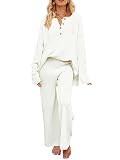 MEROKEETY Women's 2 Piece Outfit Sets Long Sleeve Button Knit Pullover Sweater and Pants Lounge Sets Beige Medium