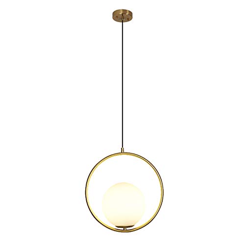 Modern Globe Pendant Light, Hanging Light Fixture, Globe Pendant Light,Brushed Brass Finished with White Globe Plastic Lampshade for Living & Dinning Room(Copper) Ø20CM