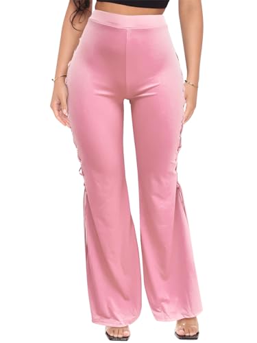 KIRJAUDU Women's Flare Pants Solid Color Side Criss Cross Lace Up Floor Length Bell Bottom Pants2