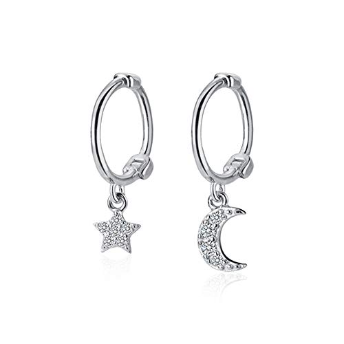 Dainty Moon Star Small Hoop Earrings Sterling Silver for Women Teen Girls Asymmetrical CZ Crystal Dangle Cartilage Tiny Huggie Hoops 8mm Jewelry (White Gold)