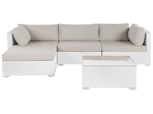 Beliani Ensemble de Jardin 4 Places Modulable Angle à Droite en Polyrotin Blanc avec Coussins Beiges Sano II