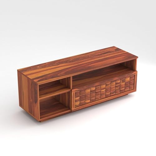 Image of Solid Sheesham Wood TV Unit for Living Room 55 Inch Furniture - Wooden TV Unit with Storage Cabinet with Drawer, 3 Shelves Wooden TV Cabinet - Accommodates up to 55-Inch TV (Thomas, Honey)