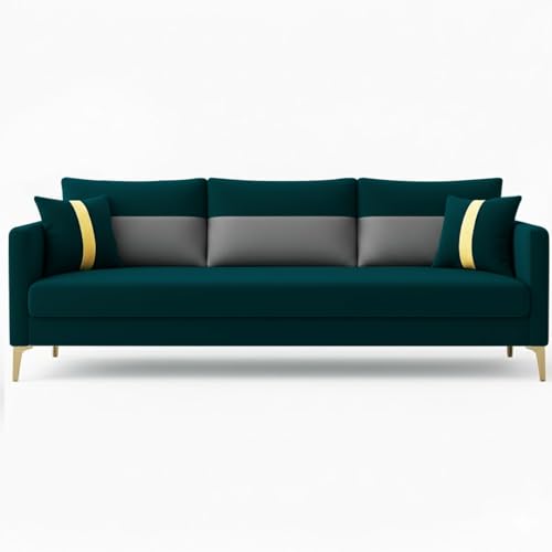 Image of FURNY Cassol 3 Seater Fabric Sofa Set (Light Grey-Greenish Teal) Premium Velvet Finish | Durable Comfort | Ideal for Living Room