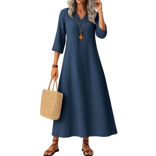 Kleid Sommer Damen Lang Leinenkleid Damen Frühling und Herbst Kleid 3/4 Ärmel V Ausschnitt Langes Kleider Casual Loose Solid Farbe Baumwolle Leinen...