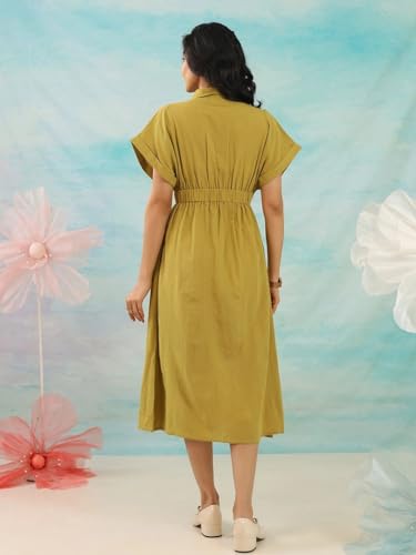 Image of Amazon Brand - INKAST Women Wide Shirt Collared Solid A -line Bottun Down Maxi Dress with Tie Belt | Flared Short Sleeve Summer Outfits | 100% Cotton | Casual Wear | One Piece