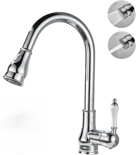 Zdaqian キッチン水栓 蛇口 水道 混合水栓 キッチン 引き出し式スプレー付き シングルレバー 360°回転 真鍮製 ロング 単水栓 グースネック レトロ ホース式 混合栓 2つモード切り替え 伸縮 節水 泡沫水流蛇口 洗面台 洗面所 キッチンシンク