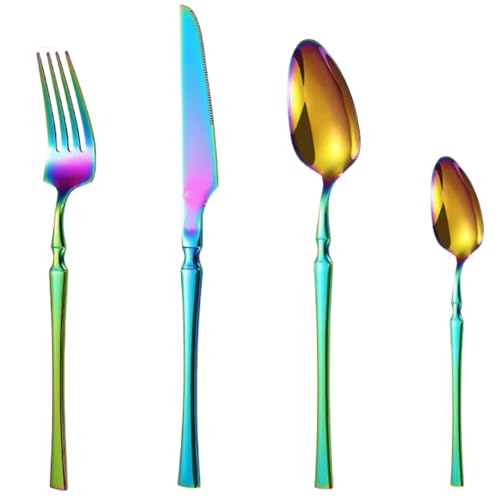 Image of aDai Rainbow Silverware Set | Satin Finish 4-Piece Korean Vintage Style Flatware Set | Dishwasher Safe Stainless Steel Cutlery for Home, Restaurant & Gifting