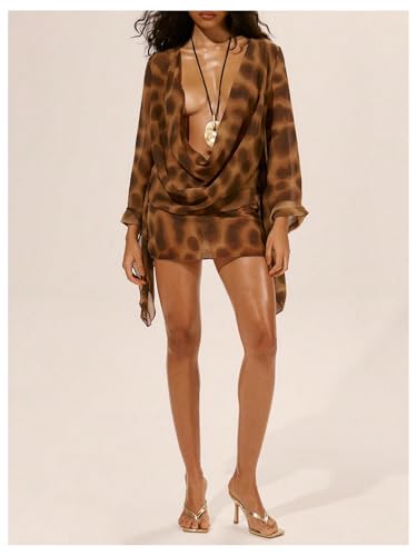 Floerns Women's Animal Print Swimsuit Cover Up Sundress Deep V Cowl Neck Bell Sleeve Beach Vacation Mini Dress4