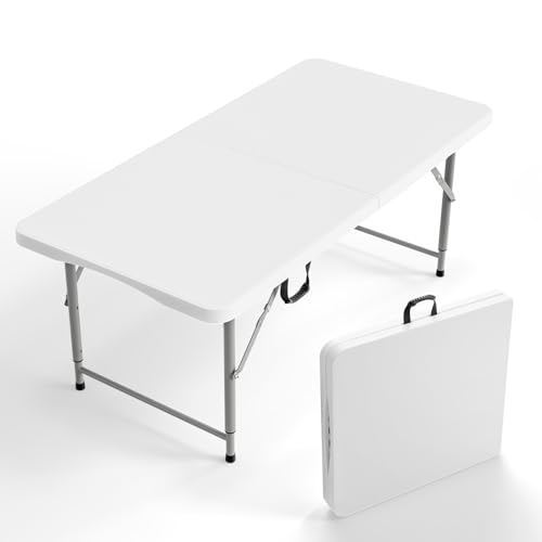 VINGLI 4 FT Plastic Folding Camping Table,3-Level Adjustable Height, Portable in/Outdoor Party Picnic Dining Desk, Garden Soccer Multipurpose Entertaining Activities,White