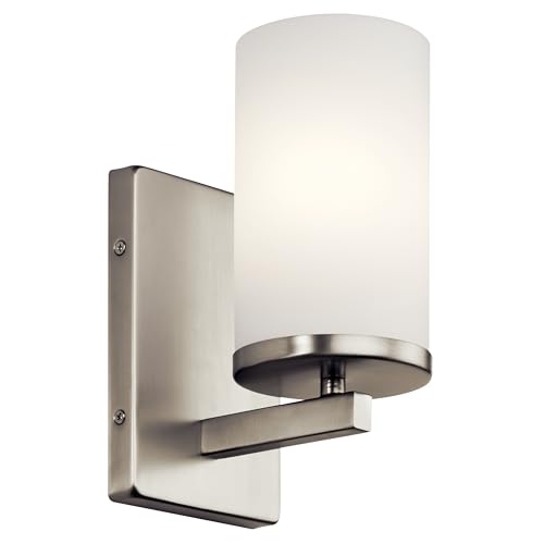 Kichler Crosby 9.25" Wall Sconce in Brushed Nickel, 1-Light Contemporary Hallway or Bathroom Light with Satin Etched Cased Opal Glass, (9.25" H x 4.5" W), 45495NI