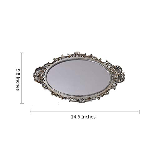 Yamfurga Oval Decorative Mirror Tray, French Style Flower Frame, Makeup Organizer, Jewelry Organizer, Serving Tray, 9.8"X 14.6", Golden Silver #TOP5