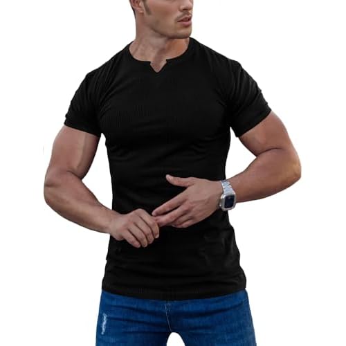 Men's Muscle Stretch Shirts Long&Short Sleeve V Neck Slim Fit Stylish T-Shirts Casual Thermal Underwear Medium 01short-black
