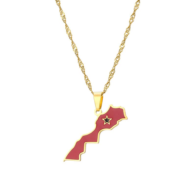 LUTAKU Collier avec pendentif carte du Maroc et drapeau du Maroc pour homme et femme - En acier inoxydable, Acier inoxydable