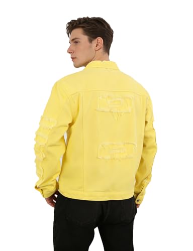 Image of Men's Denim Jacket Patchwork Fringe Jacket Slim Jean Jacket Streetwear Coat