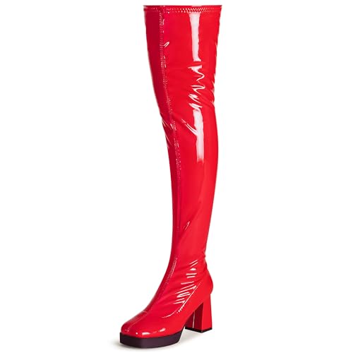 KHPAERMEI Red Knee High Boots Thigh High Boots for Women Chunky Heels GoGo Boots Platform Boots Patent Leather PU Over The Knee Boots Halloween Cosplay Dress Boots 8