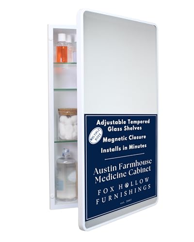 Image of 16x26 Austin Farmhouse Metal Framed Rounded Rectangle Recessed Bathroom Medicine Cabinet, Beveled Mirror, 14x24 in-Wall Opening, powder-coated Steel, Adjustable Glass Shelves, Magnet Close, White