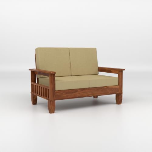Image of Solid Sheesham Wood 2 Seater Sofa for Living Room | Premium Wooden Loveseat with Side Magazine Rack | Cushioned Fabric Seat | Modern Solid Wood Sofa for Home & Office