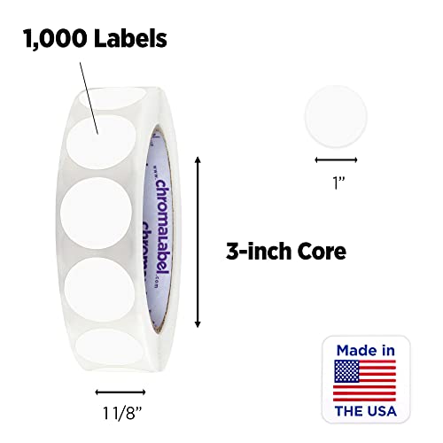Chromalabel 1 Inch Round Label Permanent Color Code Dot Stickers, 1000 Labels Per Roll, White #TOP1