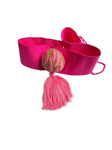Decorative Mexican Waist Belt with Tassel, Hot Pink Fabric with Embroidered Ball, Traditional Style2