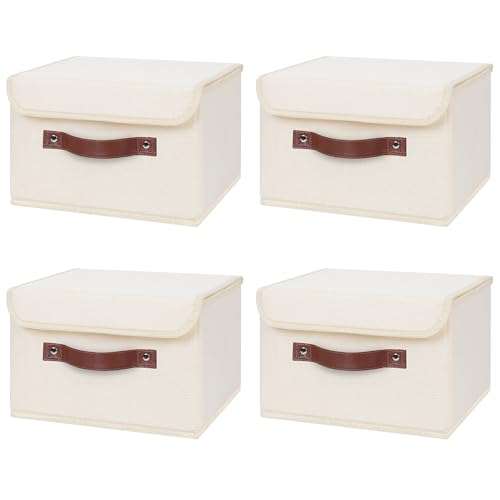Image of ANMINY 4PCS Storage Bins with Lid PU Leather Handles Storage Boxes PP Plastic Board Decorative Foldable Lidded Cotton Linen Fabric Home Cubes Baskets Closet Organizer Containers - Beige, Small Size