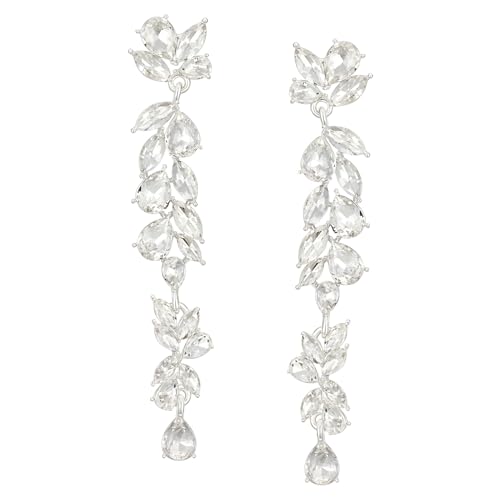 SWEETV Long Rhinestone Dangle Earrings for Women, Wedding Bridal Earrings for Brides, Crystal Chandelier Drop Earrings for Prom or Pageant, Silver