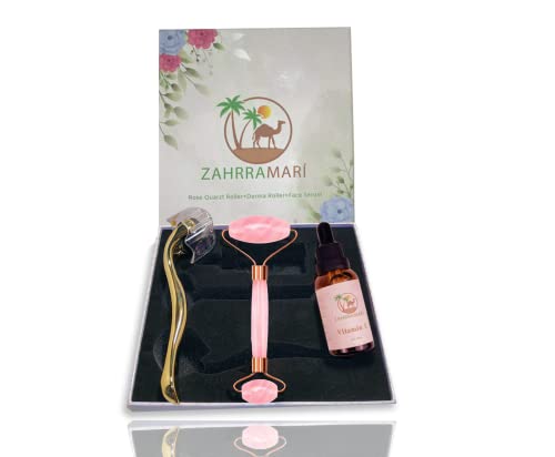ZAHRRAMARI Kit Rodillo de cuarzo rosa para masaje facial y belleza - para el rostro de la cara y cuello - rose quarzt roller, derma roller, face serum Cover