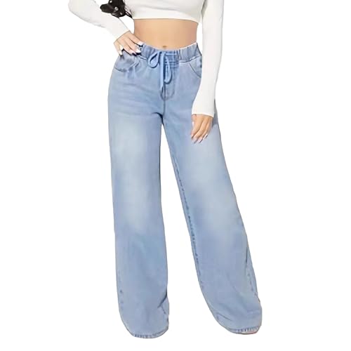 Women's Drawstring Wide Leg Jeans High Waisted Loose Fit Denim Pants