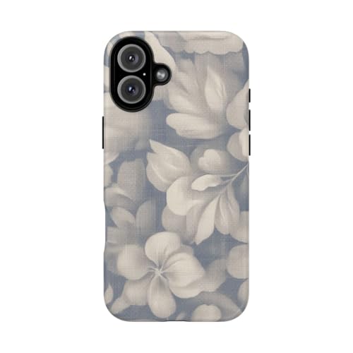 Coque iPhone 16 Plus vintage bleu floral et beige au fini mat rigide