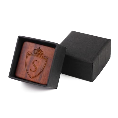 Image of Mens Initial Silver Cufflinks A-Z Alphabet Letter Steel Cuff Links with Engraved Walnut Wood Box Groom Groomsman Wedding Set