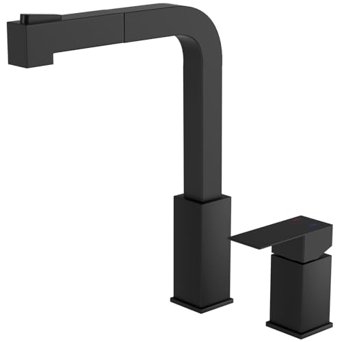 APPASO 2 Hole Kitchen Faucets, Square Kitchen Faucet with Pull Down Sprayer, Black Kitchen Faucet with Sprayer, Stainless Steel, Single Handle Faucets for Kitchen Sink