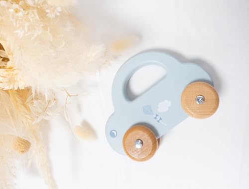 minipishop® Baby Geschenk personalisiert Junge Spielzeug Holzauto Blau I Erstes Auto mit Namen als Geschenkidee zur Geburt Holzspielzeug ab 1 Jahr