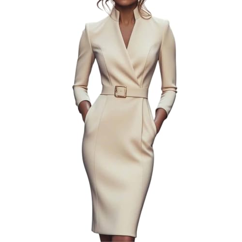 Robe fourreau raffinée avec ceinture et col mandarin, manches longues,