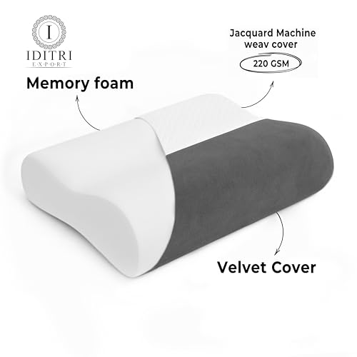 Image of Cervical Memory Foam Pillow Set of 2 with Inner Cover, Dual 9 cm 12 cm Heights for Neck Support, Breathable Jacquard Velvet Case, Grey, 60 x 35 cm