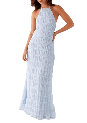Image of Argeousgor Women Halter Neck Backless Summer Dresses 2025 Sleeveless Tiered Ruffle A-Line Flowy Cocktail Party Maxi Dress