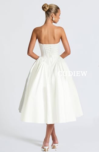 Cudiew Satin Prom Dresses Strapless Corset A Line Formal Cocktail Dress for Women Tea Length4