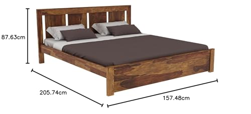 Image of Wooden Queen Size Bed Without Storage | Wooden Double Bed Cot Bed for Bedroom Furniture | Palang Double Bed for Hotels | Solid Sheesham Wood, Brown, Mattress Size: 78 X 60 in