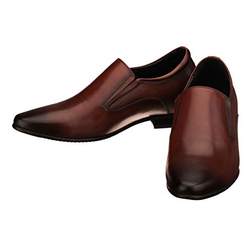 Image of CALTO Men's Invisible Height Increasing Elevator Shoes - Brown Leather Slip-on Formal Dress Loafers- 3 Inches Taller - Y5531 - Size 10.5 D(M) US