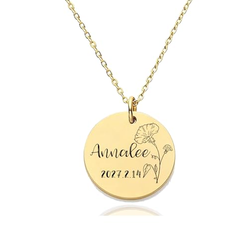 HUAN XUN Custom Birth Month Flower Annalee Necklace for Women 18K Gold Plated Stainless Steel Engraved Nameplate Necklace Personalized Floral Disc Pendant Adjustable Chain Jewelry Gifts for Mother