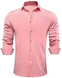 Hi-Tie Pink Mens Dress Shirts 4 Way Stretch Solid Button Down Long Sleeve No Iron Shirt Casual Forma