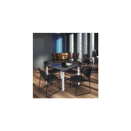 HomeStock Southwestern Style Grey and Chrome Square Breakroom Table with 4 Black Zeng Stack Chairs Providing Warm and Functional Office Breakroom Furniture