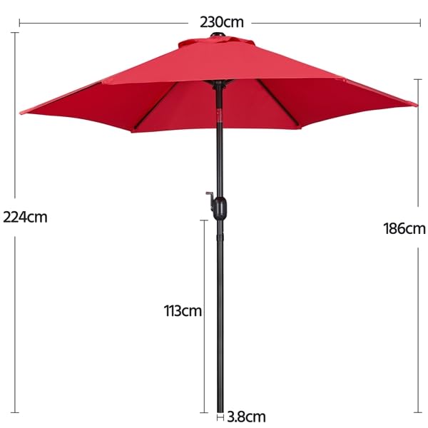 Yaheetech Parasol przeciwsłoneczny, ogrodowy, Ø 230 cm, parasol balkonowy z 6 żebrami, okrągły, ochrona przed słońcem, na taras, na balkon, czerwony