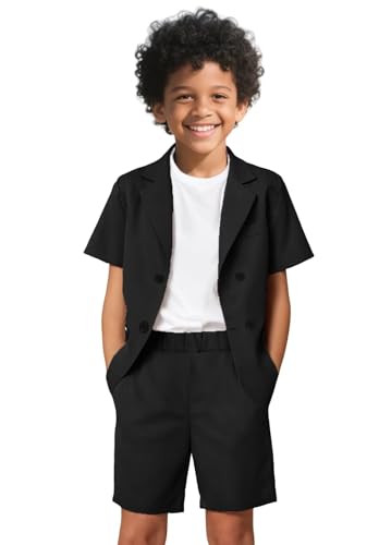 KEYWANTS Boy's Black Short 3 Pieces Set Beach Outfits Button Down Shirts Vest Shorts Summer Vacation Texture Sets for Kids Size 10