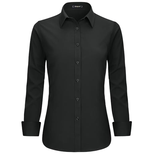 Stamain Negra Camisa de Mujer Elegante de Manga Larga con Escote en V y Botones para Oficina y Eventos Formales L