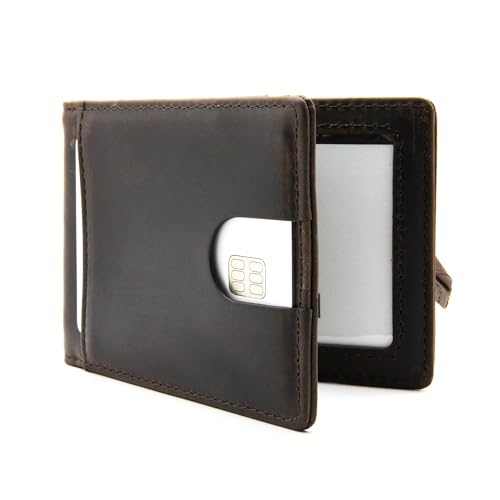 RFID Blocking Slim Bifold Genuine Leather Minimalist Wallet for Men with Money Clip Pull Strap Easy Card Pullout (Minimalist Bifold Wallet without Personalization, Munich Brown)