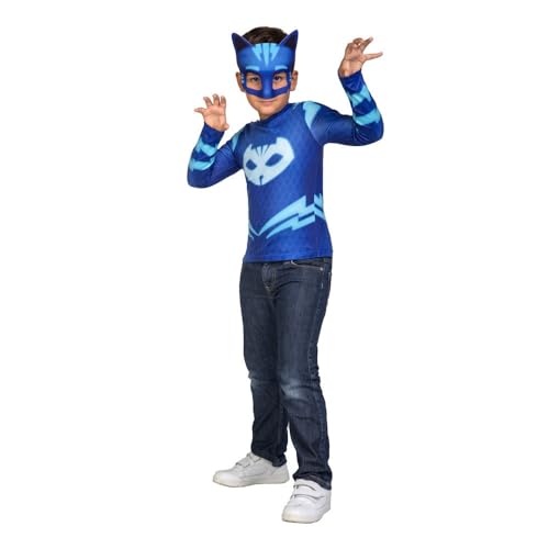 My Other Me - Disfraz para niño de Catboy PJ Masks con camiseta y máscara en azul talla 3-4 años. Desarrolla habilidades felinas con este atuendo.