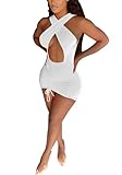 Women Sexy Halter Criss Cross Tank Mini Dress Y2K 90s E-Girl Summer Party Bodycon Dress Clubwear White