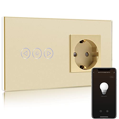 BSEED BSEED Normal Steckdose mit Smart Alexa Dimmer Lichtschalter,Kompatibel mit Alexa,Google Home, Glas Touchscreen-schalter,Lichtschalter 1 Fach 1 Weg 16A Steckdose Gold(Neutrale Leitung benötigt)
