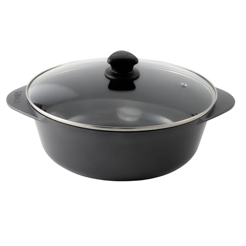 IMUSA Cocotte Caldero antiadherente de cerámica de aluminio fundido con tapa de vidrio, 7 cuartos de galón, color negro